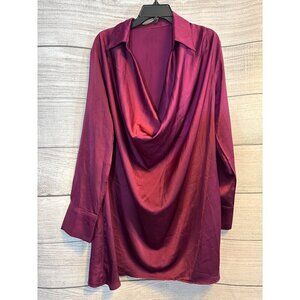 Lyaner Satin Collar V Neck Drape Ruched Front Flowy Long Sleeve Short Mini Dress